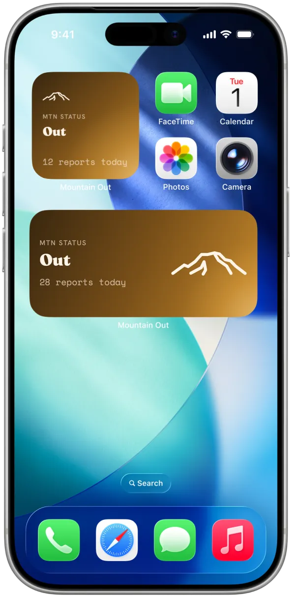 Is The Mountain Out Home and Lock Screen widgets showing today's status and report count